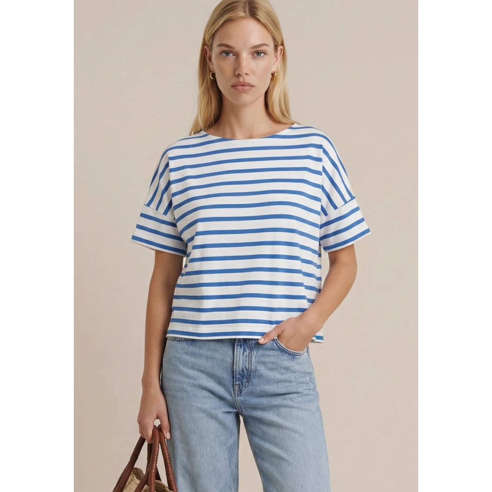 NWT Caara Capri Blue Striped Cotton Short Sleeve Top - Size Small
